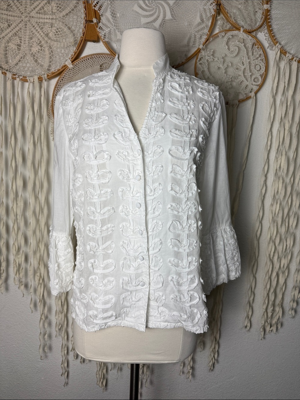 Go Silk | Cotton Ribbon Detail Quater Sleeve Button Front Blouse in White M